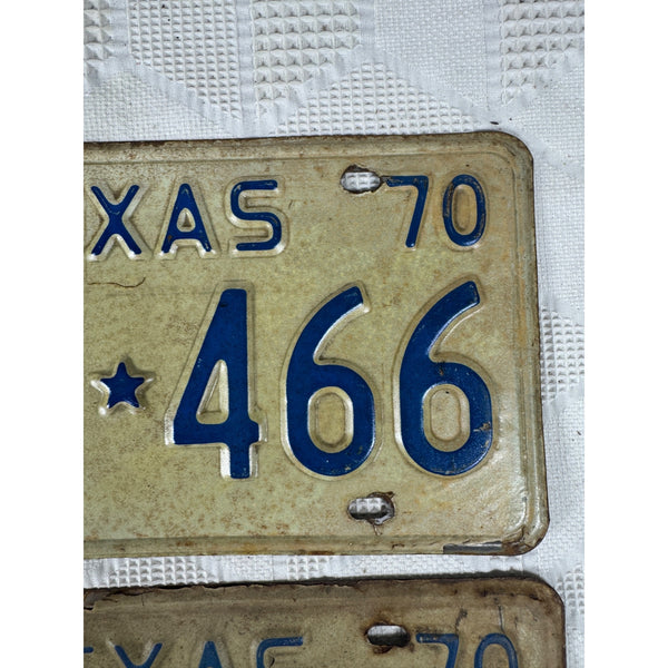 Vintage 1970 Texas License Plates Pair FKB White w Blue Embossed Lettering