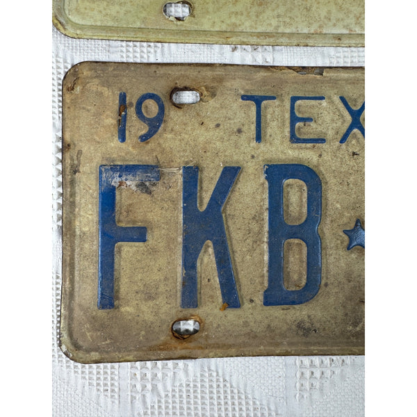 Vintage 1970 Texas License Plates Pair FKB White w Blue Embossed Lettering