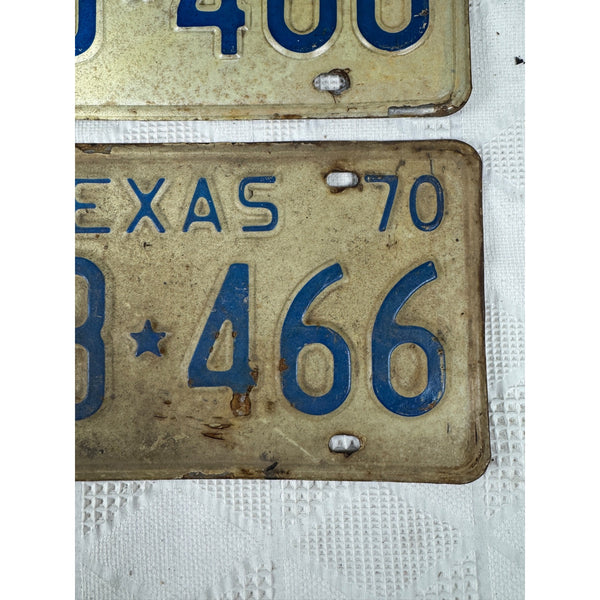Vintage 1970 Texas License Plates Pair FKB White w Blue Embossed Lettering