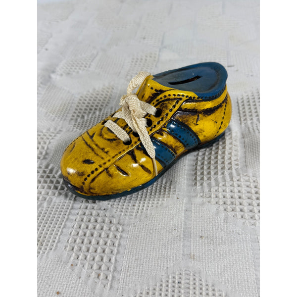 Vintage Enesco Ceramic Shoe Bank Yellow and Blue Hand Painted 1970s Retro