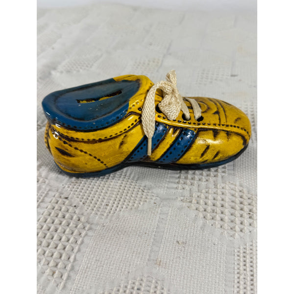 Vintage Enesco Ceramic Shoe Bank Yellow and Blue Hand Painted 1970s Retro