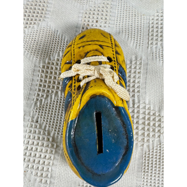 Vintage Enesco Ceramic Shoe Bank Yellow and Blue Hand Painted 1970s Retro