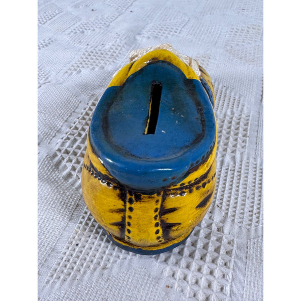 Vintage Enesco Ceramic Shoe Bank Yellow and Blue Hand Painted 1970s Retro