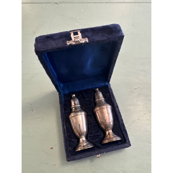 Vintage Silver Plated Salt and Pepper Shakers with Velvet Storage Box