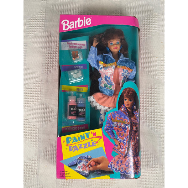 Barbie Paint N Dazzle Doll w Sequins Pearls Fabric Paints 1993 Mattel 11260 NIB. Vintage Barbie 'Paint 'N Dazzle' doll set in its original box, featuring a doll in a colorful patterned jacket and matching skirt with paint bottles and accessories visible inside.