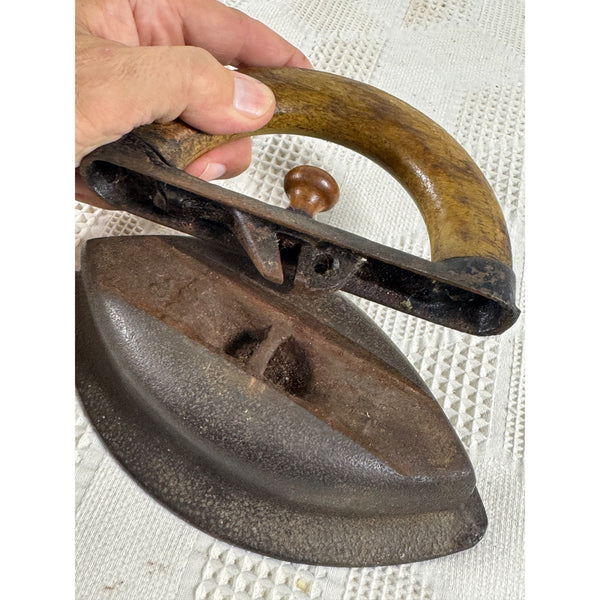 Antique Cast Iron Sad Iron With Wooden Handle Primitive Home Decor 1904
