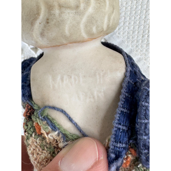 Vintage Porcelain Doll Figurine Hand Painted Japan w Handmade Woven Dress