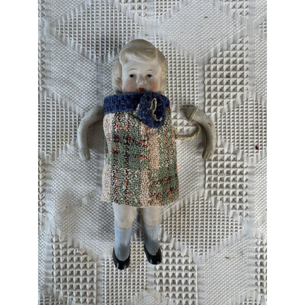 Vintage Porcelain Doll Figurine Hand Painted Japan w Handmade Woven Dress