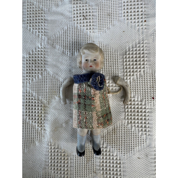 Vintage Porcelain Doll Figurine Hand Painted Japan w Handmade Woven Dress