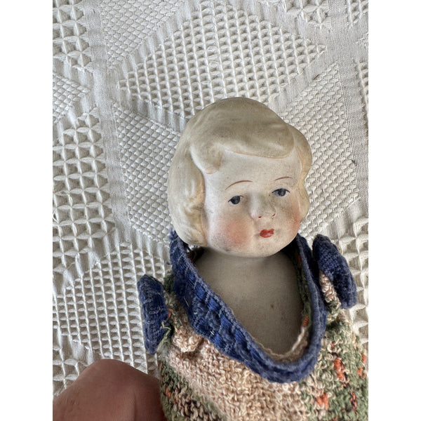 Vintage Porcelain Doll Figurine Hand Painted Japan w Handmade Woven Dress