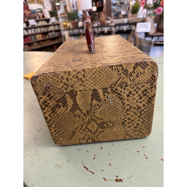 Vintage Faux Snakeskin Train Case w Brown Bakelite Handle and mirror Inside