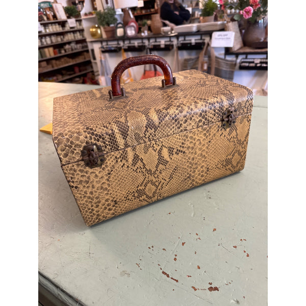 Vintage Faux Snakeskin Train Case w Brown Bakelite Handle and mirror Inside