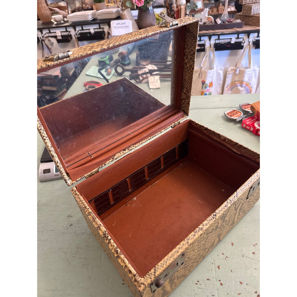 Vintage Faux Snakeskin Train Case w Brown Bakelite Handle and mirror Inside