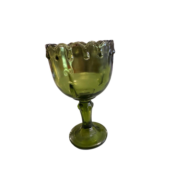 Vintage Indiana Glass Olive or Avocado Green Goblet With Scalloped Edge Pedestal