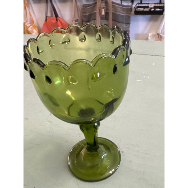 Vintage Indiana Glass Olive or Avocado Green Goblet With Scalloped Edge Pedestal
