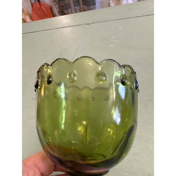 Vintage Indiana Glass Olive or Avocado Green Goblet With Scalloped Edge Pedestal