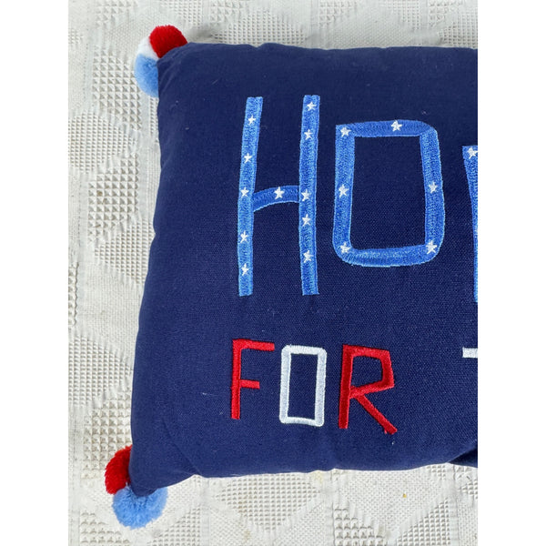 Hooray For The USA Decorative Pillow w Patriotic Pom Pom Tassels Americana
