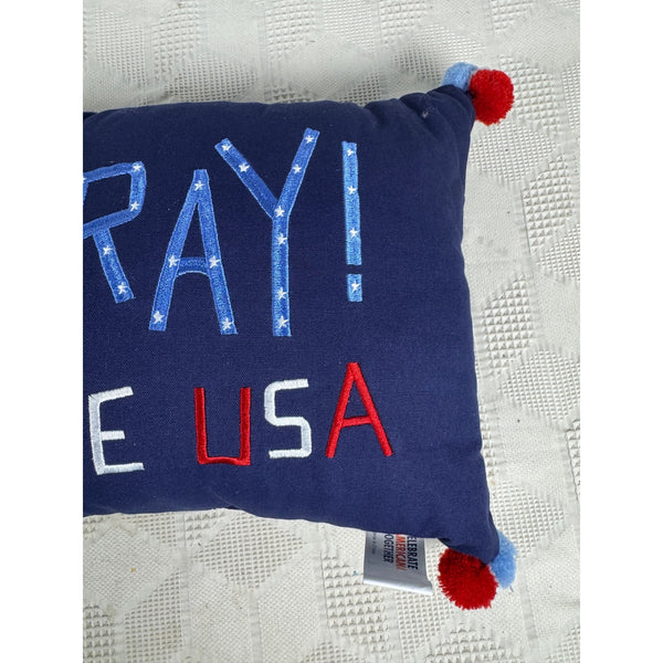 Hooray For The USA Decorative Pillow w Patriotic Pom Pom Tassels Americana