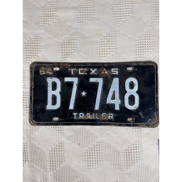 Vintage 1964 Texas Trailer License Plate Black w White Embossed Background B7748
