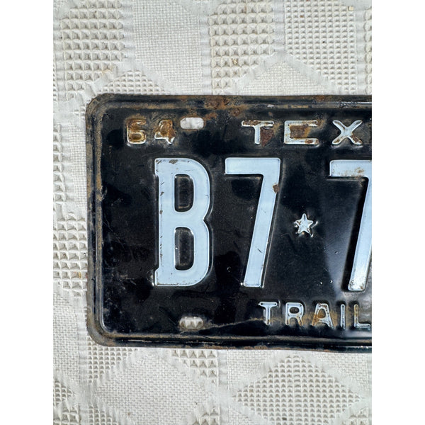 Vintage 1964 Texas Trailer License Plate Black w White Embossed Background B7748