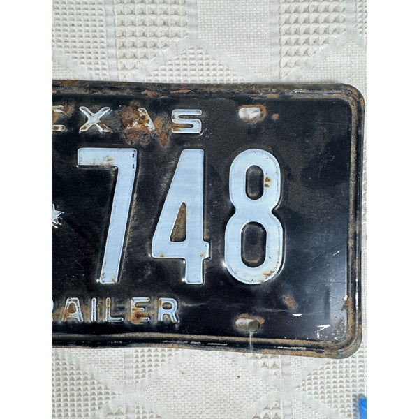 Vintage 1964 Texas Trailer License Plate Black w White Embossed Background B7748