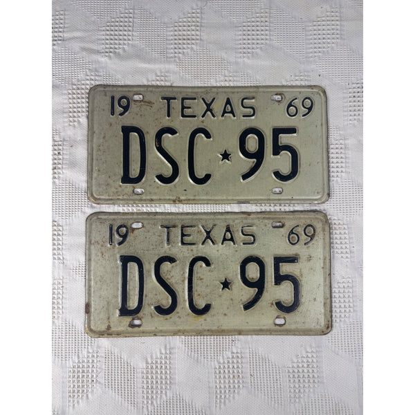 Vintage 1969 Texas License Plates Pair DSC 95 White w Embossed Black Lettering