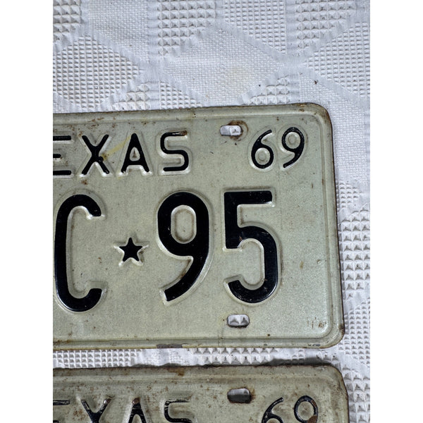Vintage 1969 Texas License Plates Pair DSC 95 White w Embossed Black Lettering