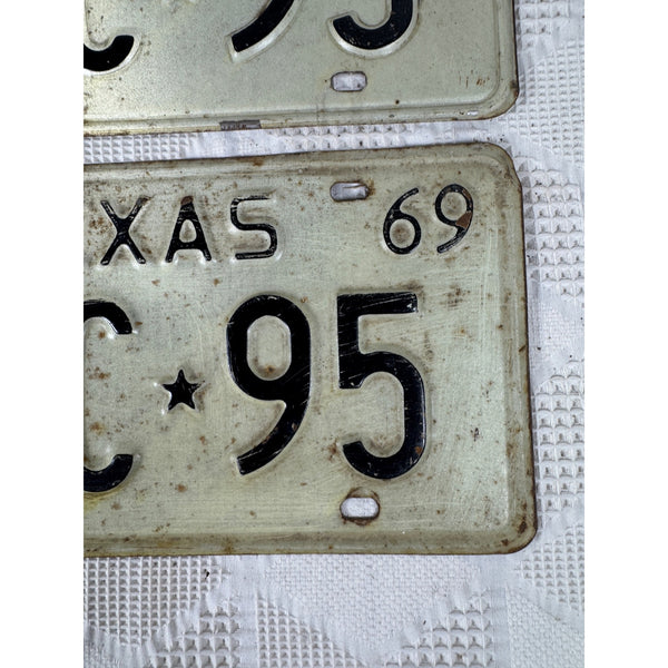 Vintage 1969 Texas License Plates Pair DSC 95 White w Embossed Black Lettering