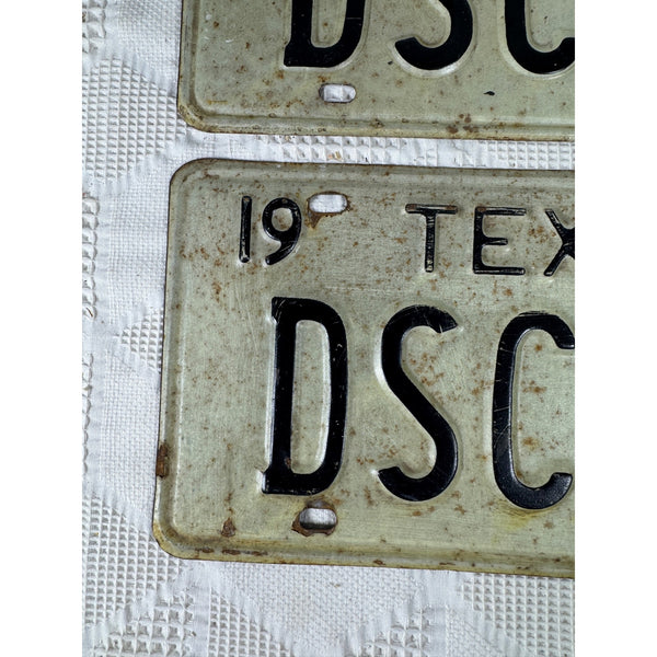 Vintage 1969 Texas License Plates Pair DSC 95 White w Embossed Black Lettering