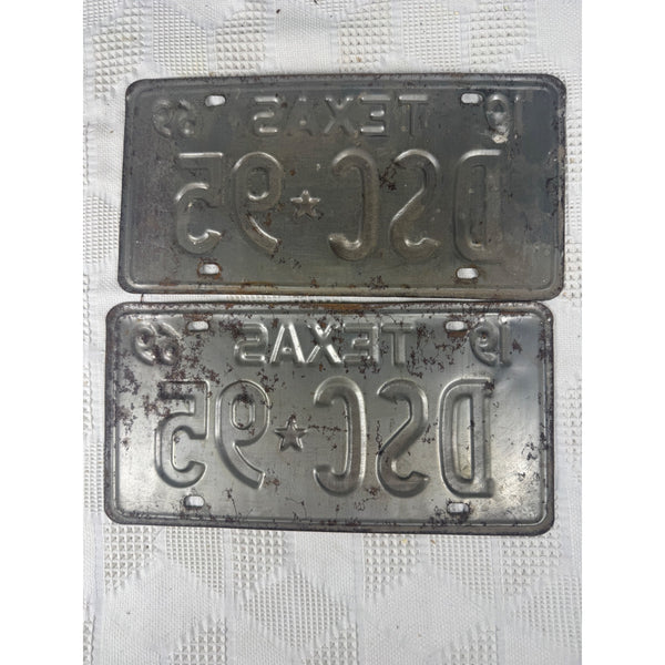 Vintage 1969 Texas License Plates Pair DSC 95 White w Embossed Black Lettering