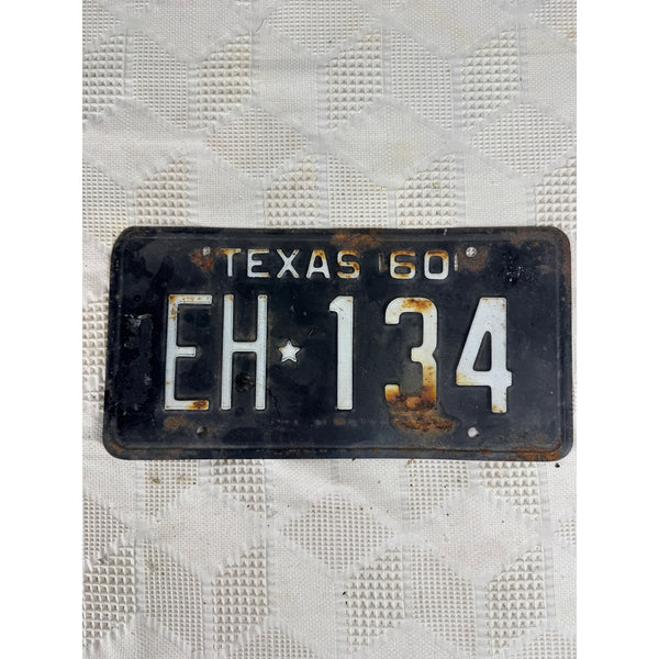 Vintage 1960 Texas License Plate Black w White Embossed Lettering EH 134 Rustic