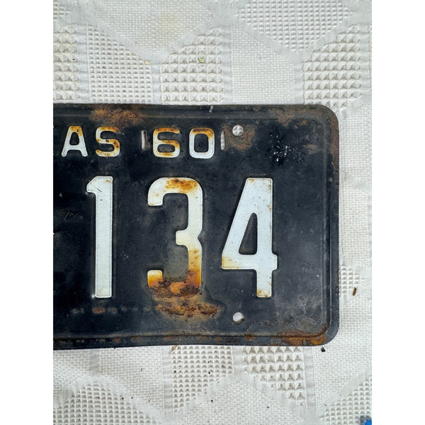 Vintage 1960 Texas License Plate Black w White Embossed Lettering EH 134 Rustic