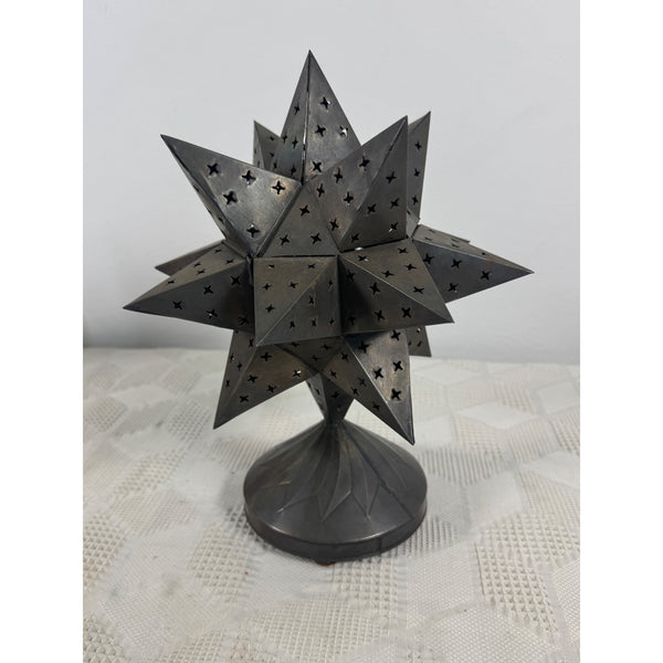 Punched Tin Star Shaped Tea Light Holder With Decorative Base Rustic Metal