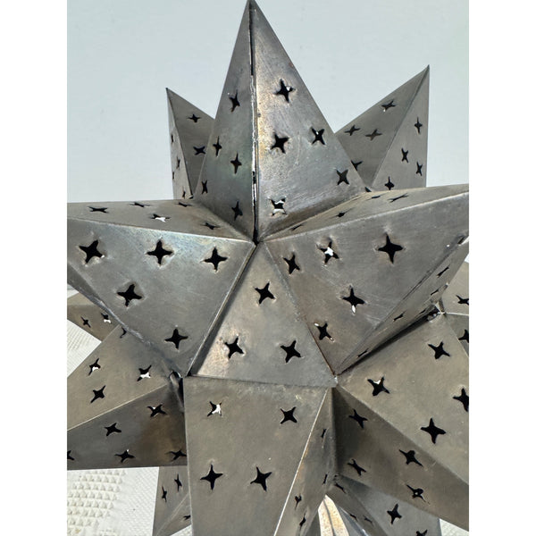 Punched Tin Star Shaped Tea Light Holder With Decorative Base Rustic Metal