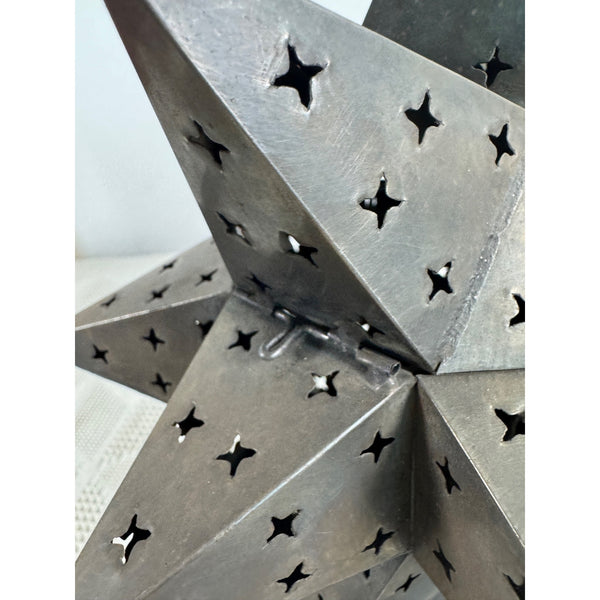 Punched Tin Star Shaped Tea Light Holder With Decorative Base Rustic Metal