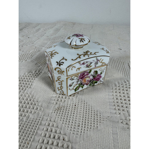 Vintage Matson Hand Painted Porcelain Trinket Box w Floral and Gold Design Japan