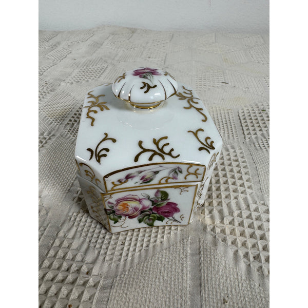 Vintage Matson Hand Painted Porcelain Trinket Box w Floral and Gold Design Japan