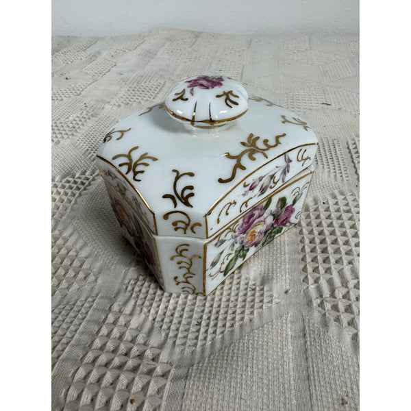 Vintage Matson Hand Painted Porcelain Trinket Box w Floral and Gold Design Japan