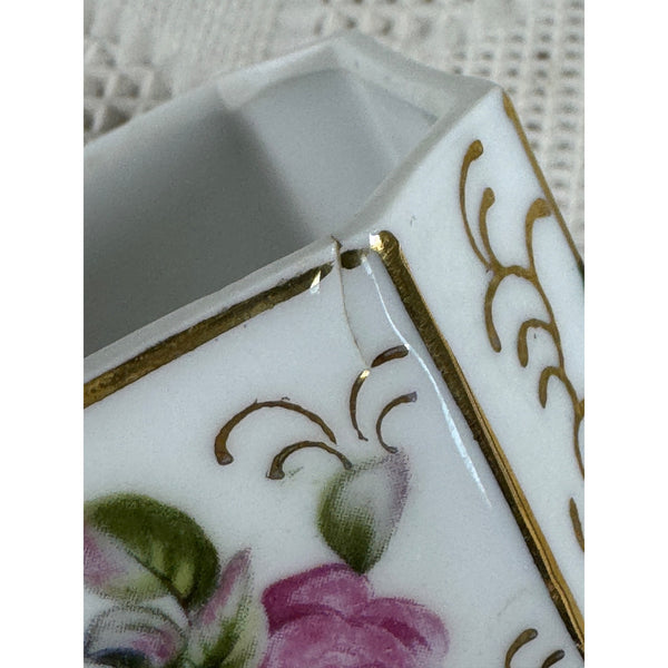 Vintage Matson Hand Painted Porcelain Trinket Box w Floral and Gold Design Japan