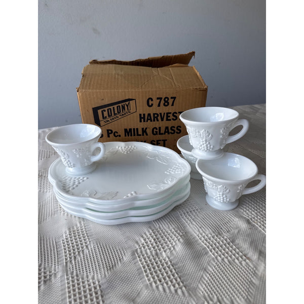 Colony Harvest Milk Glass 8 Pc Snack Set w Grape Design Vintage Indiana Glass