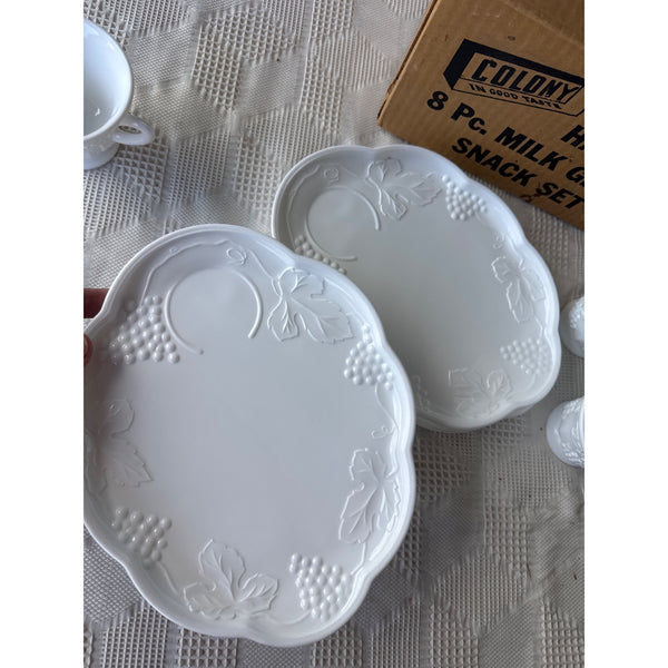 Colony Harvest Milk Glass 8 Pc Snack Set w Grape Design Vintage Indiana Glass