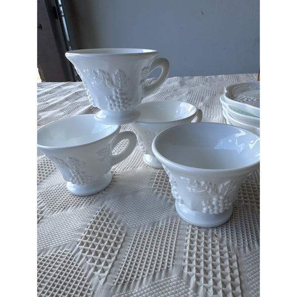 Colony Harvest Milk Glass 8 Pc Snack Set w Grape Design Vintage Indiana Glass