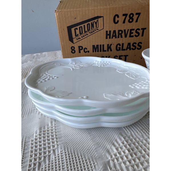 Colony Harvest Milk Glass 8 Pc Snack Set w Grape Design Vintage Indiana Glass