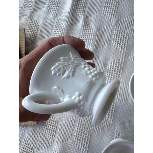 Colony Harvest Milk Glass 8 Pc Snack Set w Grape Design Vintage Indiana Glass