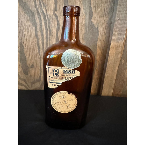 Antique Dom Benedictine D and B Amber Glass Bottle With Original Label Accents