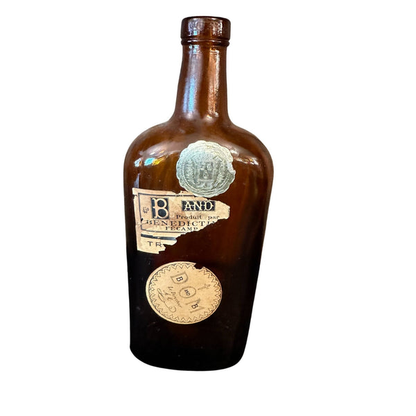 Antique Dom Benedictine D and B Amber Glass Bottle With Original Label Accents