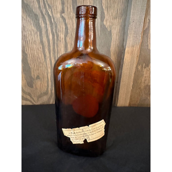 Antique Dom Benedictine D and B Amber Glass Bottle With Original Label Accents