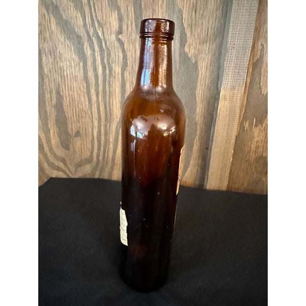Antique Dom Benedictine D and B Amber Glass Bottle With Original Label Accents