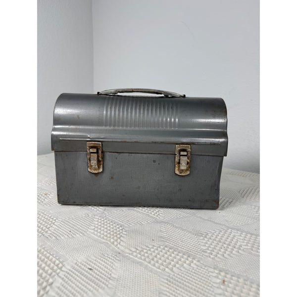 Vintage Gray Metal Domed Lunchbox With Handle & Dual Latches 1950s Retro
