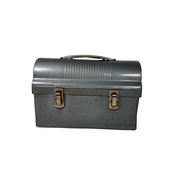 Vintage Gray Metal Domed Lunchbox With Handle & Dual Latches 1950s Retro